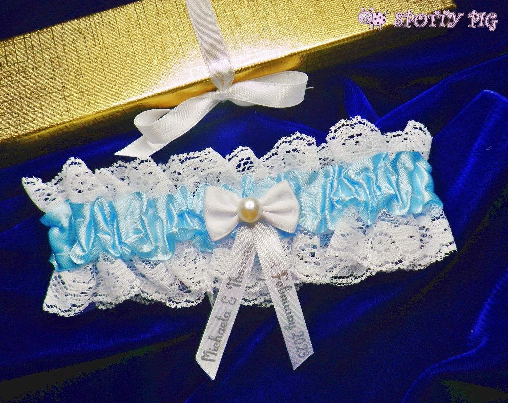 Personalised wedding garter for the bride, something blue, handmade with bow & crystal, names & date