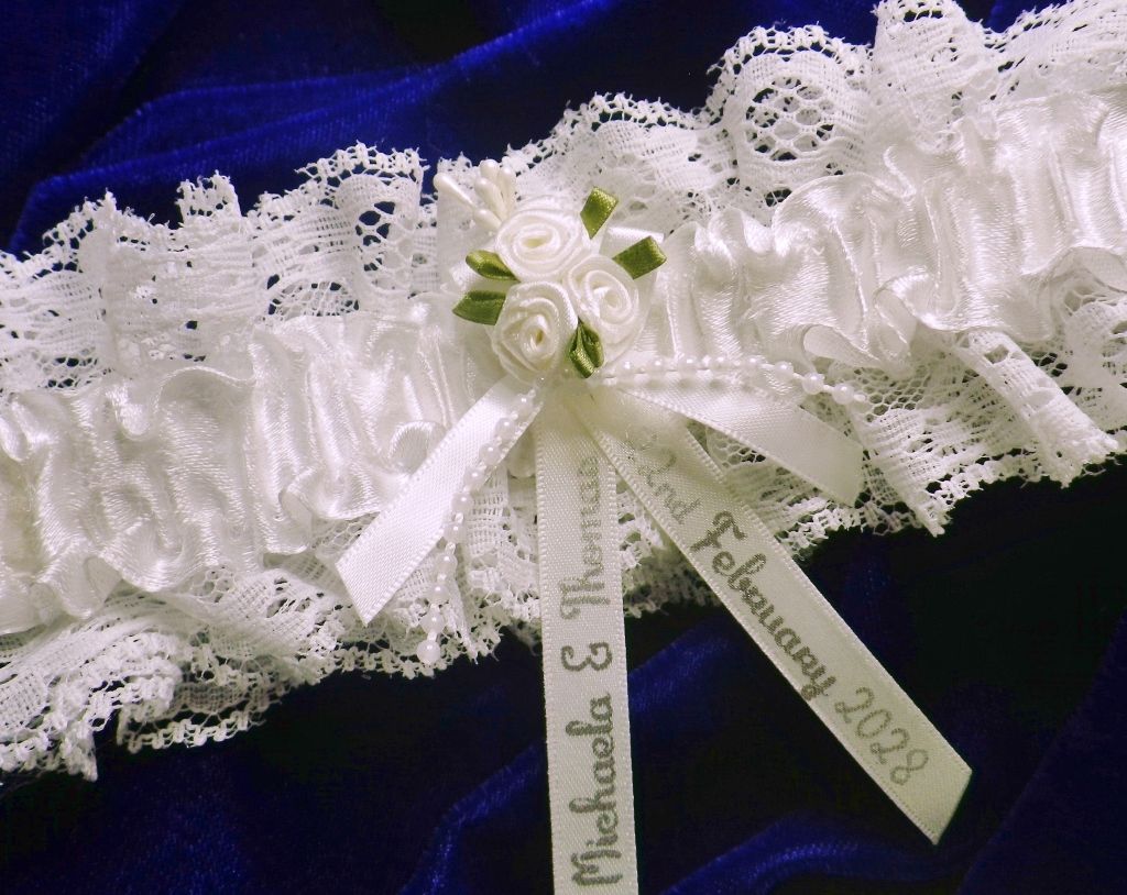 Personalised Bridal Wedding Garter Ivory White Flowers, Handmade with Names & Date