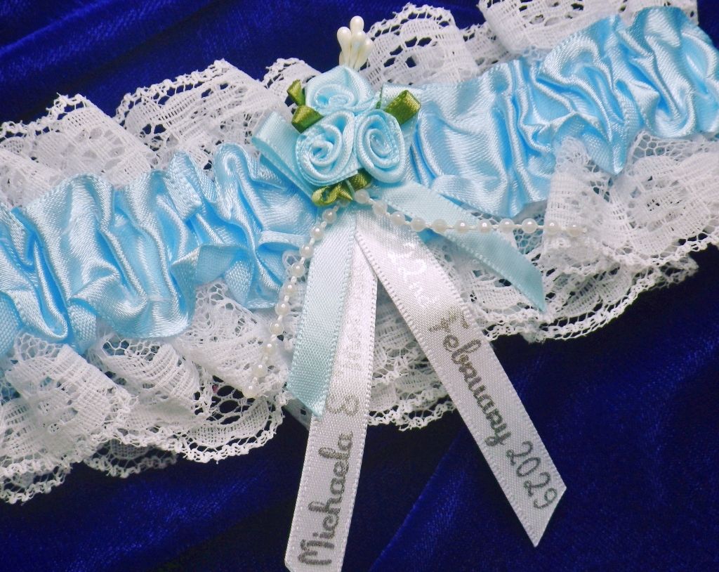 Personalised Bridal Wedding Garter "Something Blue" & White, Flowers, with Names & Date