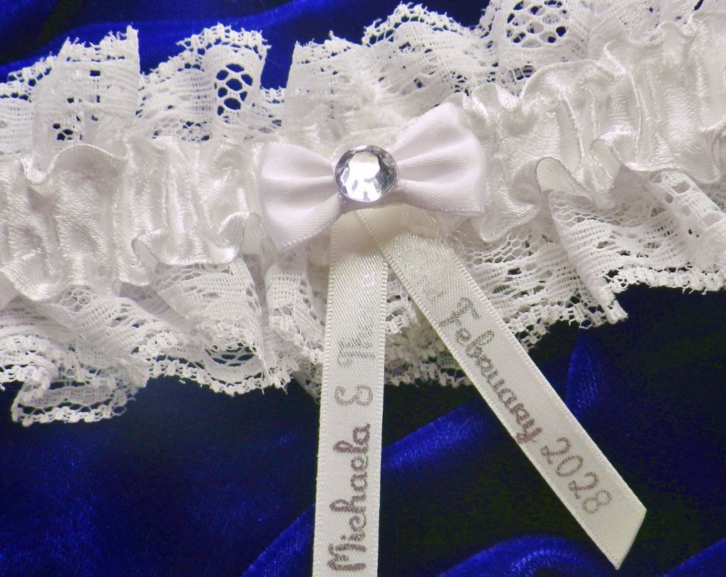 Personalised Wedding Garter for the Bride, Ivory White, Handmade with Bow & Crystal, Names & Date