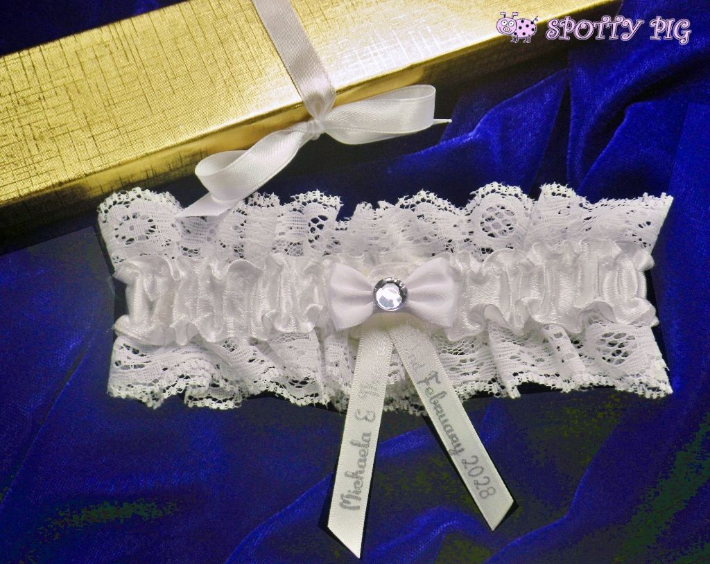 Personalised Wedding Garter for the Bride, Ivory White, Handmade with Bow & Crystal, Names & Date