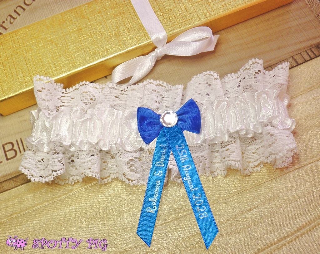 Personalised Bridal Wedding Garter, Ivory White & Royal Blue, Bow & Crystal, Handmade with Names & Date