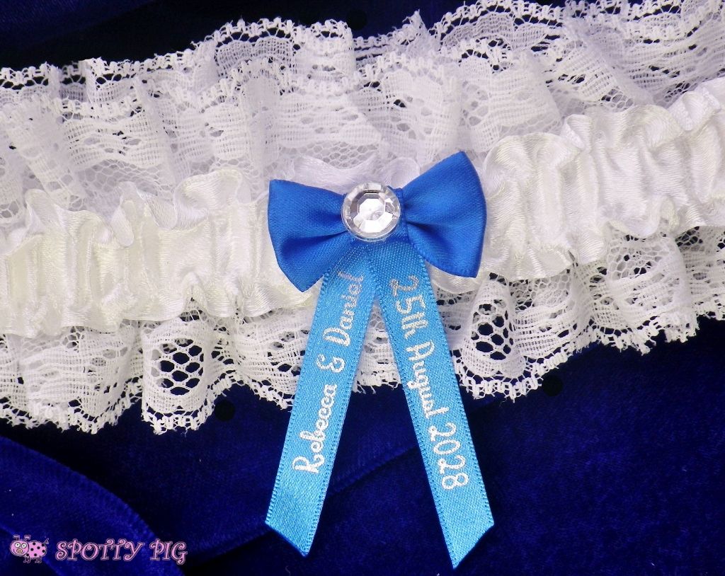 <!-- D22 -->Personalised Ivory White & Royal Blue Bridal Garter, Bow & Crys