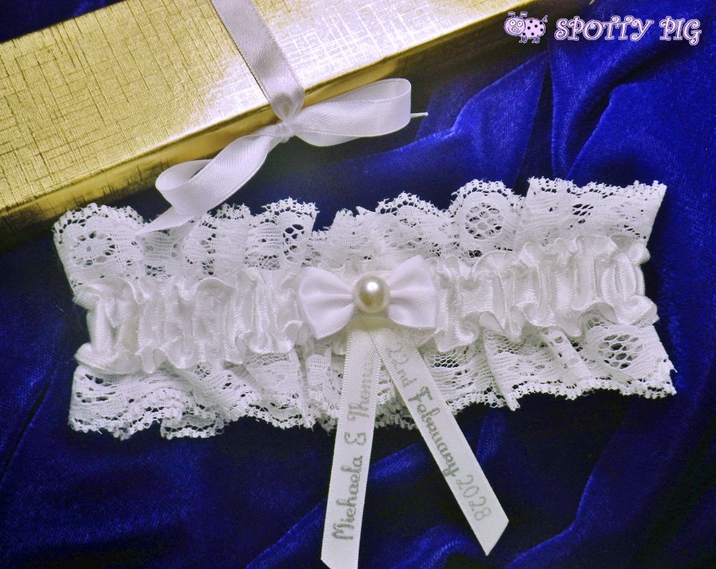 Personalised Wedding Garter for the Bride, Ivory White, Handmade with Bow & Pearl, Names & Date