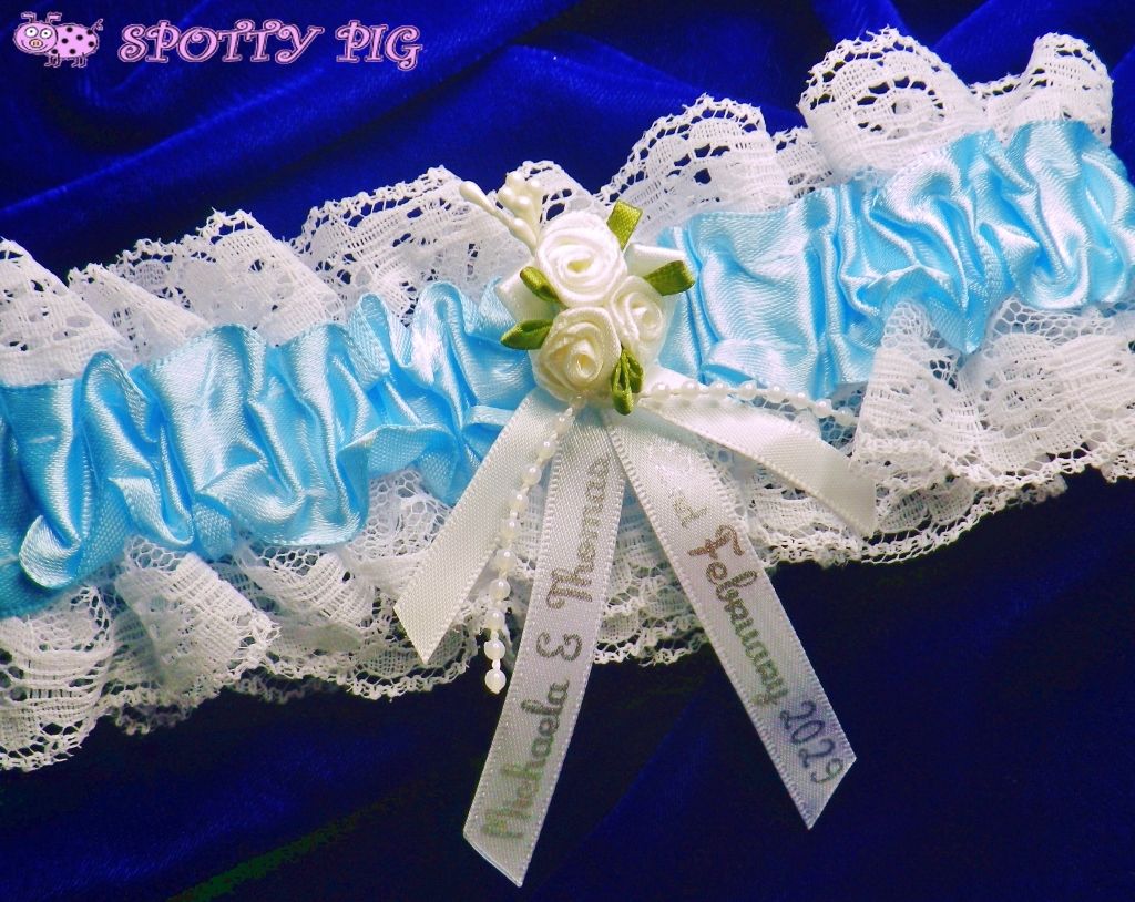 Personalised Bridal Wedding Garter,Something Blue - with White & Ivory Flowers, Handmade with Names & Date