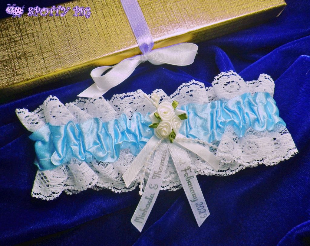 Personalised Bridal Wedding Garter,Something Blue - with White & Ivory Flowers, Handmade with Names & Date