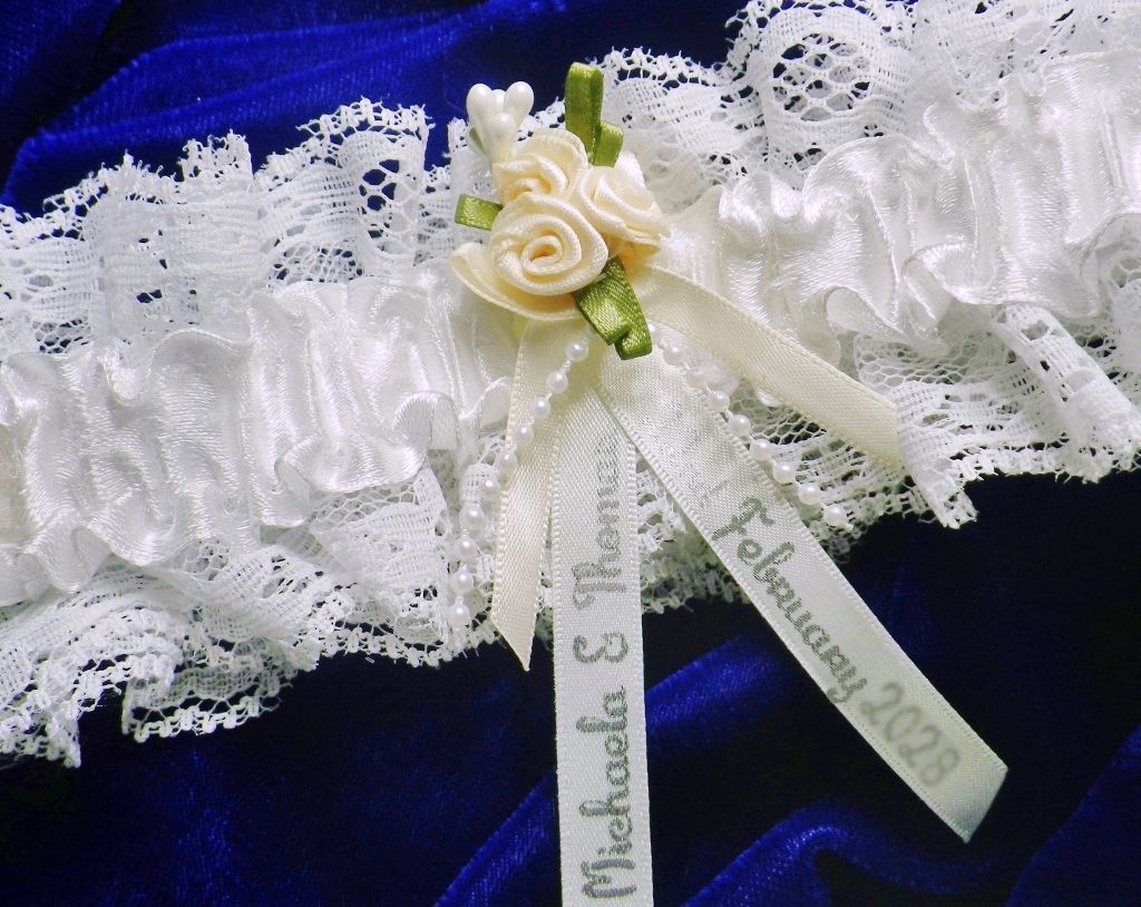 Personalised Bridal Wedding Garter Ivory White & Peach Flowers, Handmade with Names & Date