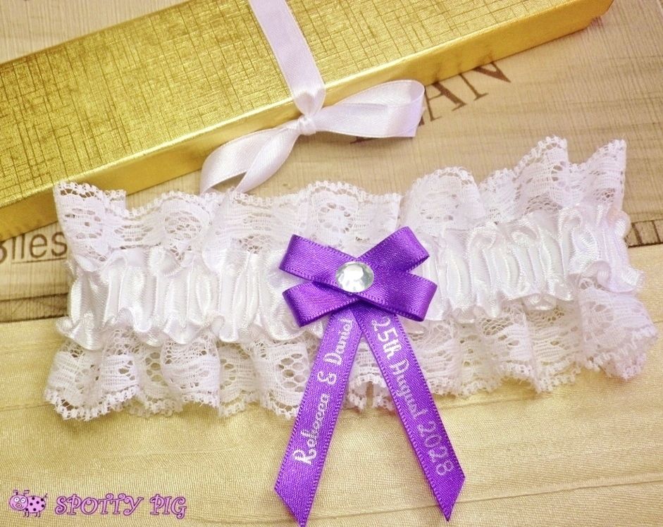 Personalised Bridal Wedding Garter, Ivory White & Purple, Bow & Crystal, Handmade with Names & Date