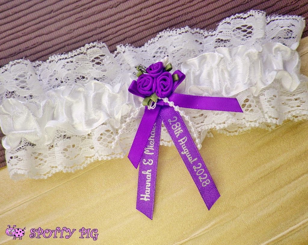 <!-- d24 -->Personalised Ivory White Bridal Garter, Purple Flowers