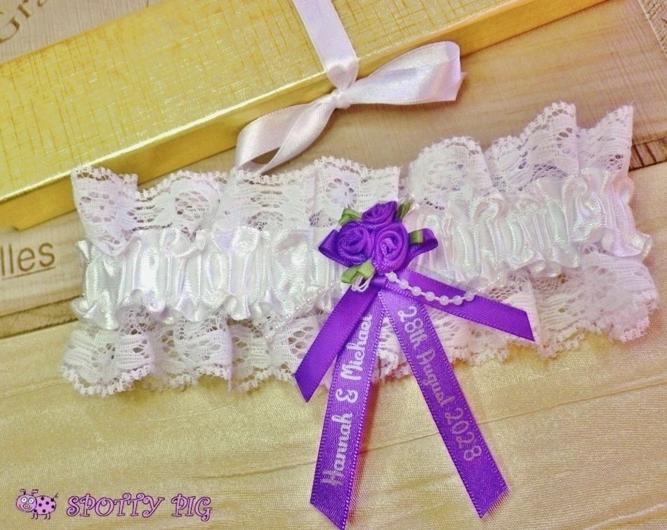 Personalised Bridal Wedding Garter Ivory White with Purple Flowers, Handmade with Names & Date