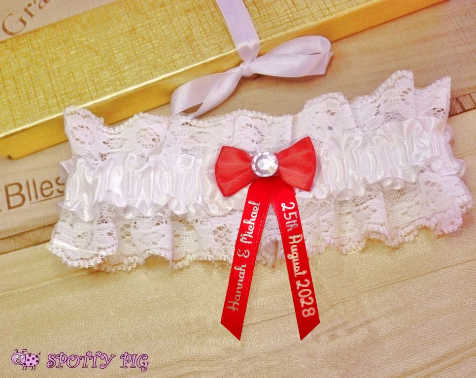 Personalised Wedding Garter for the Bride, Ivory White & Red, Handmade with Bow & Crystal, Names & Date