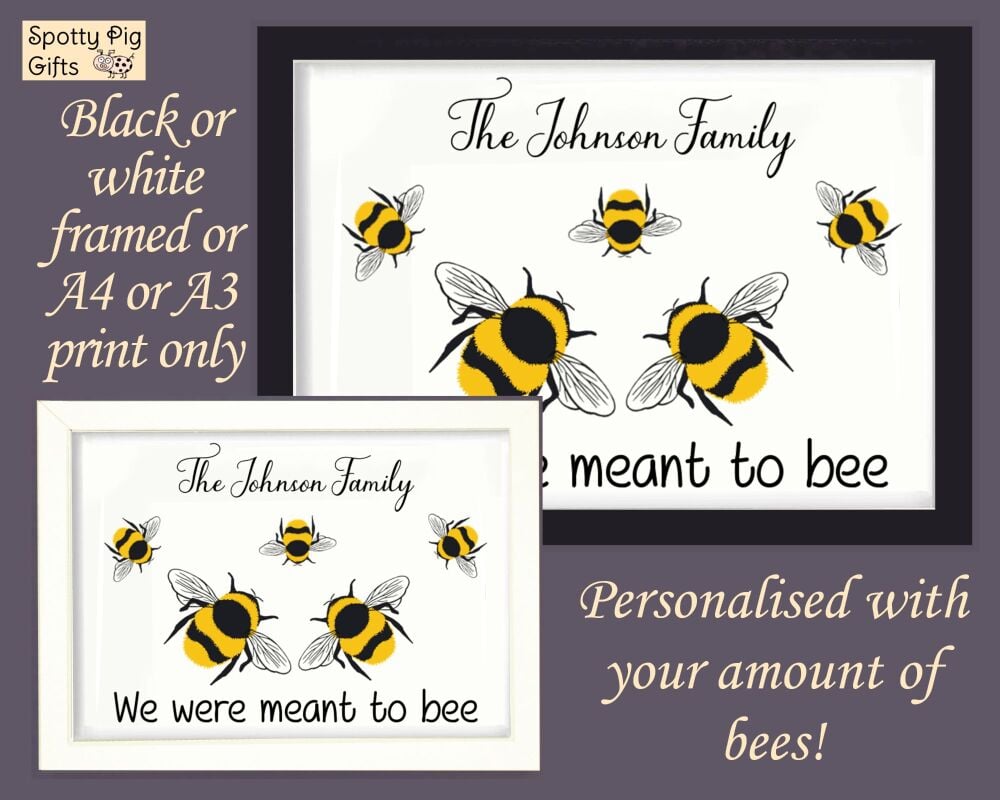 Personalised Print Meant to Bee Wall Art Family Name Poster Picture Framed Couple Gift Love A3, A4, A5