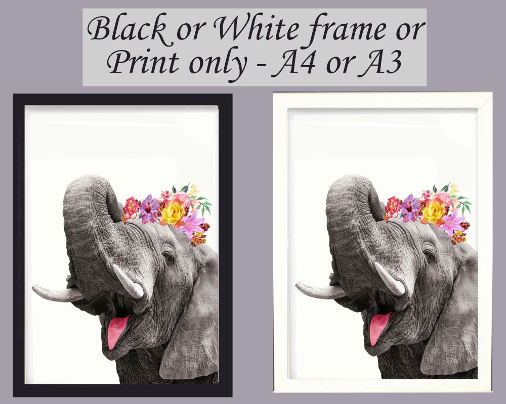 Elephant Print Picture Frameless or Framed Wall Art White Background Grey Gift A3, A4, A5