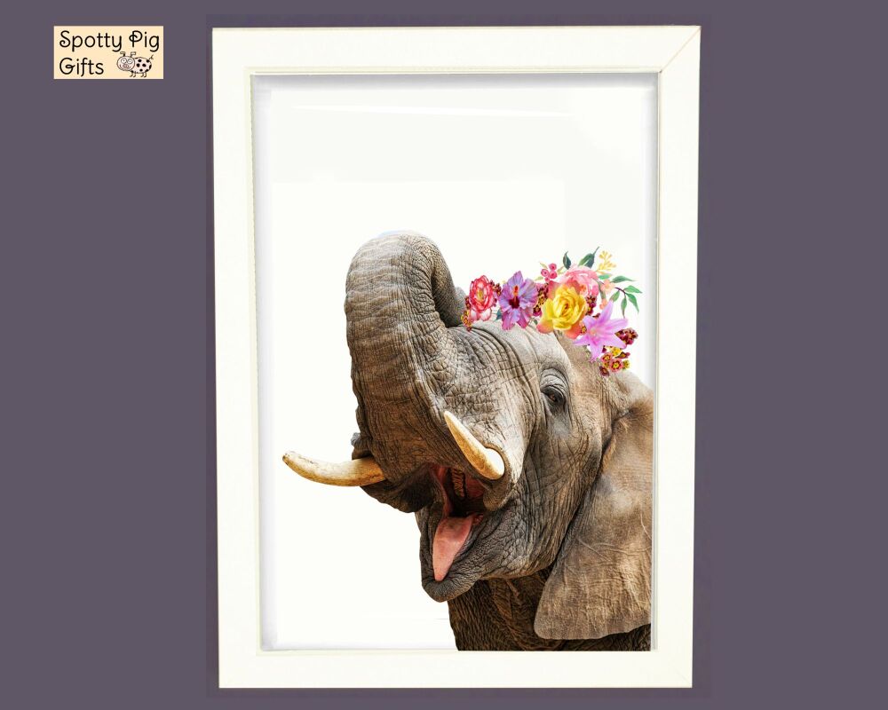 Elephant & Garland Print Picture Frameless or Framed Wall Art White Background Gift A3, A4, A5