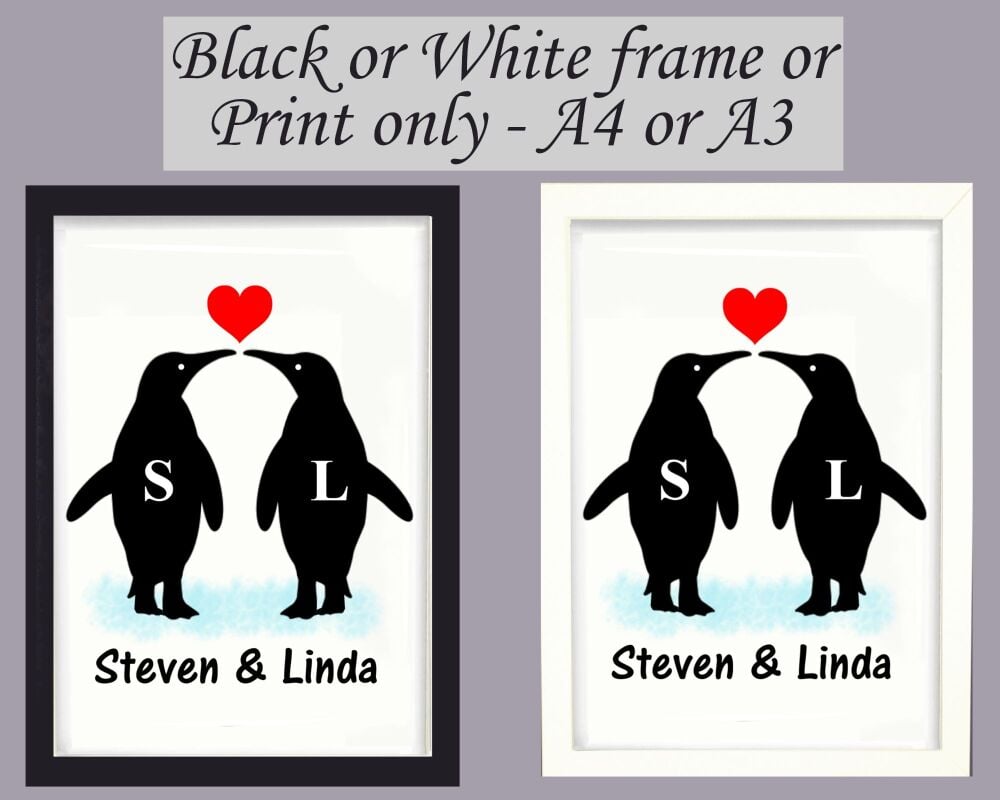 Personalised Wall Art Print Penguins Poster Picture Framed or Unframed Couples Gift Love A3, A4, A5