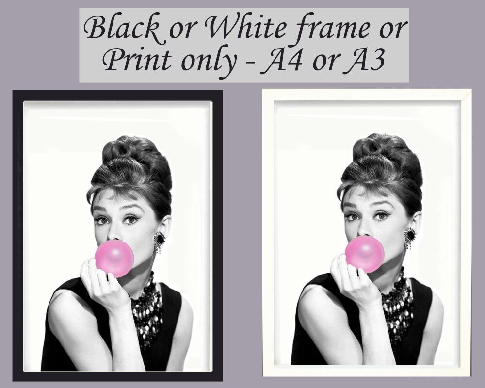 <!-- B67 -->Print Wall Art Audrey Hepburn Picture Poster Bubblegum Framed o