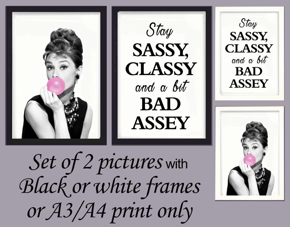 Prints Wall Art Set of 2 Audrey Hepburn & Quote Framed or Unframed Picture Poster Bubblegum A3, A4, A5