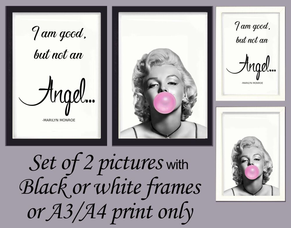 Prints Wall Art Set of 2 Marilyn Monroe & Quote Framed or Unframed Picture Poster Bubblegum A3, A4, A5