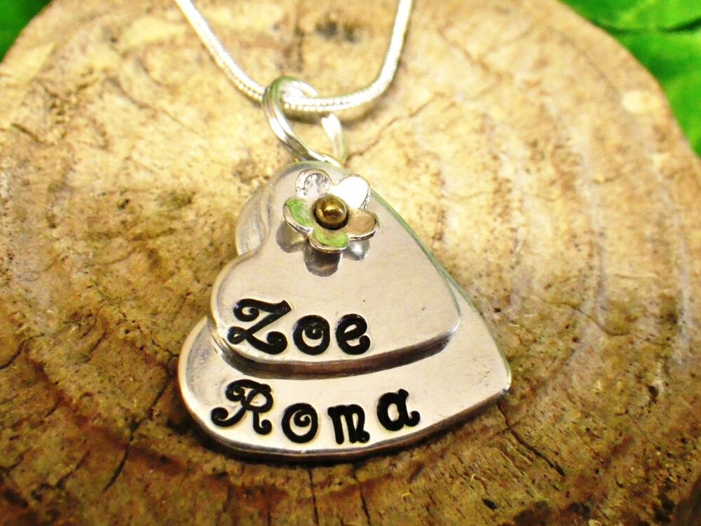Personalised Necklace Double Hearts, Hand Stamped with Names