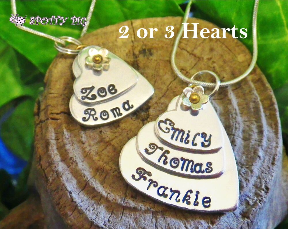 Personalised Necklace Double or Triple Hearts, Hand Stamped Jewellery with Names