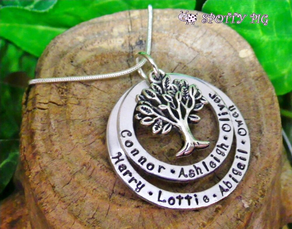 Personalised Tree of Life Necklace, hand stamped with names, with 2 rings and birthstone crystals