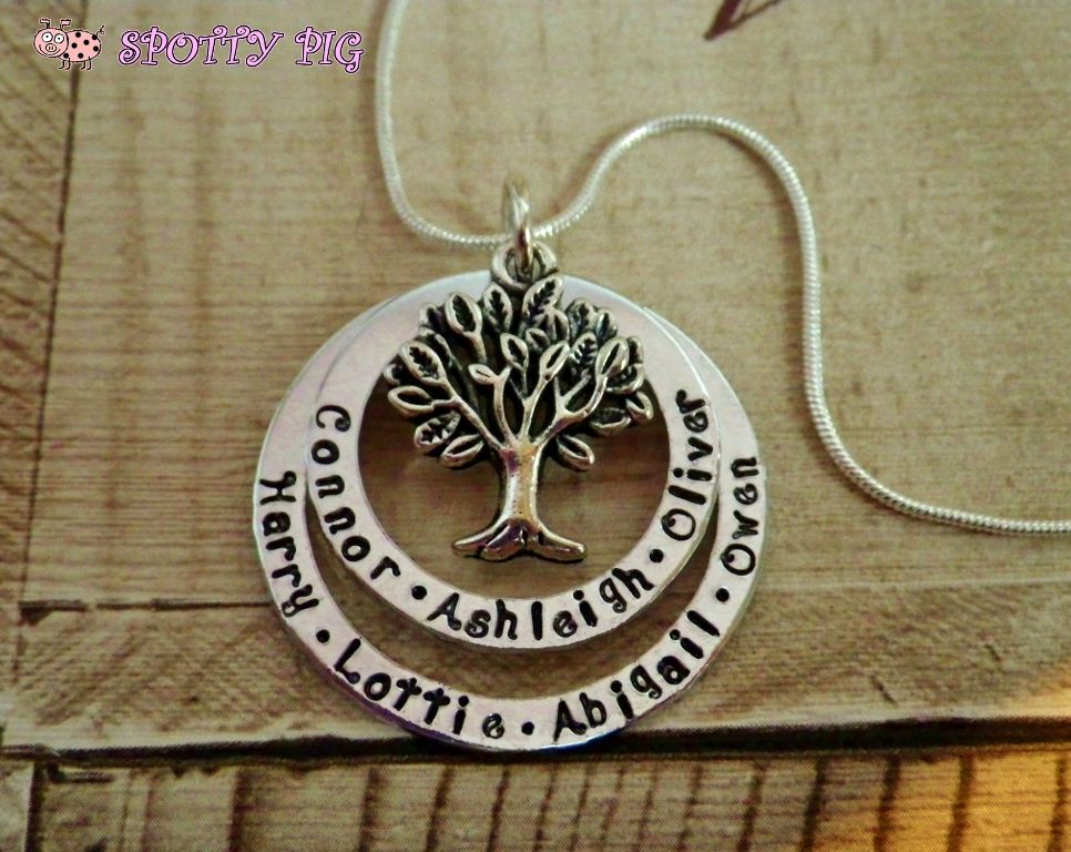 Personalised Tree of Life Necklace, hand stamped with names, with 2 rings and birthstone crystals
