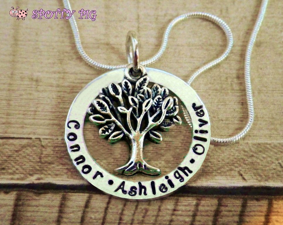 Personalised hand stamped Tree of Life necklace with names