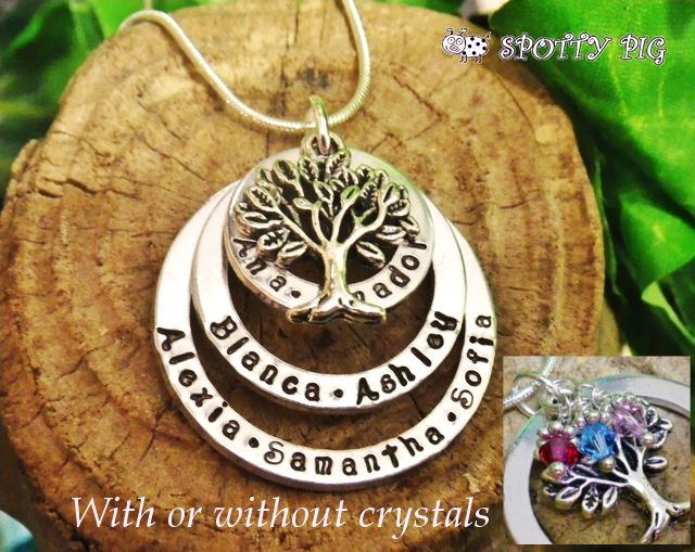 Personalised Tree of Life Necklace with Birthstone Crystals, Hand Stamped with Names