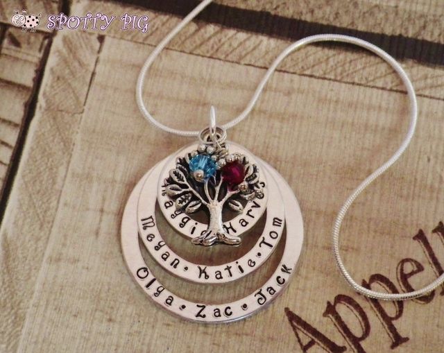 Personalised Tree of Life Necklace with Birthstone Crystals, Hand Stamped with Names