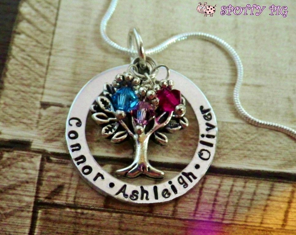 Personalised hand stamped Tree of Life Necklace with Birthstone Crystals & names