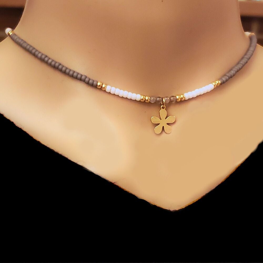  Necklace Choker Gold Filled Flower with Labradorite Gemstones, Grey beaded & Miyuki beads