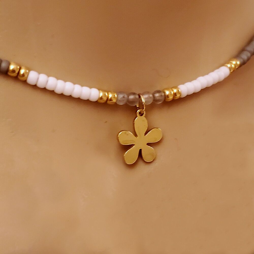  Necklace Choker Gold Filled Flower with Labradorite Gemstones, Grey beaded & Miyuki beads