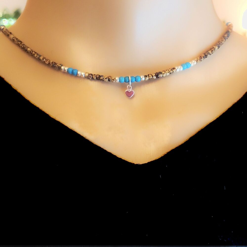 Beaded Necklace Choker Sterling Silver Heart, Brown & Turquoise, Gemstones & Miyuki beads