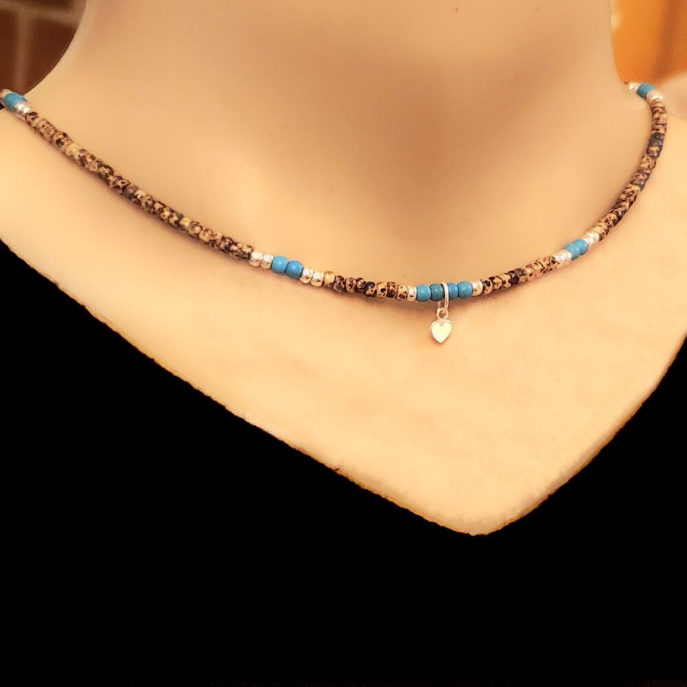 <!-- A72 --> Choker Necklace Sterling Silver .925 Heart, Turquoise Gemstone