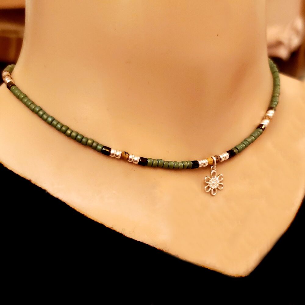  Beaded choker necklace olive green, sterling silver flower, jasper gemstones & Miyuki seed beads