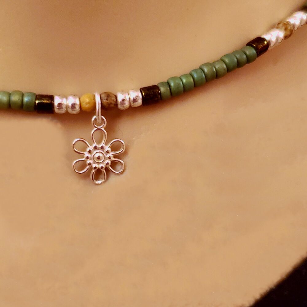  Beaded choker necklace olive green, sterling silver flower, jasper gemstones & Miyuki seed beads