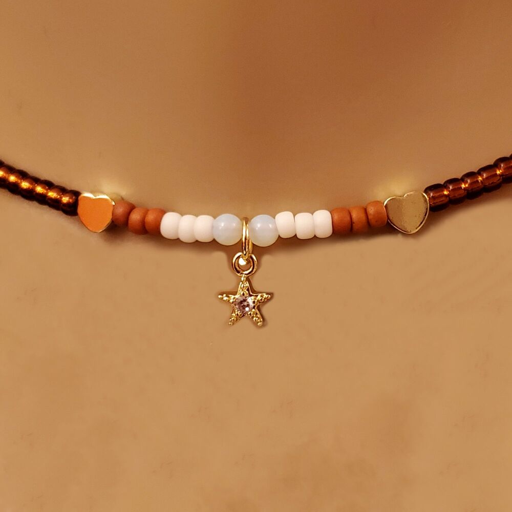 Necklace Choker Gold Filled Star & Hearts, Opalite & Beaded Dark Topaz & Miyuki beads