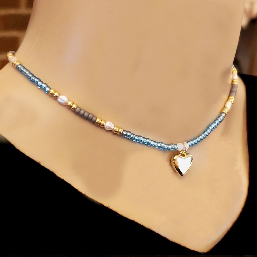 Necklace Choker Gold Filled Heart with Freshwater Pearls, Opalite & Miyuki beads Blue