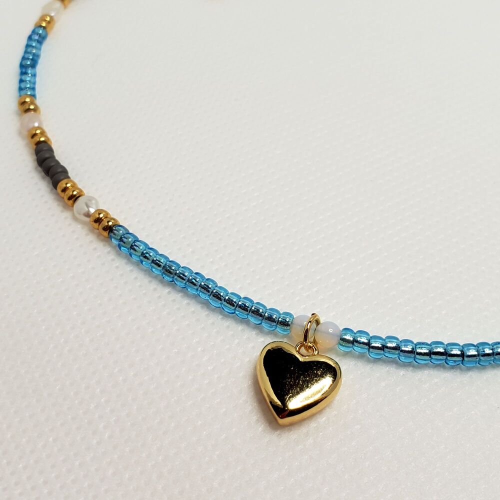 Necklace Choker Gold Filled Heart with Freshwater Pearls, Opalite & Miyuki beads Blue