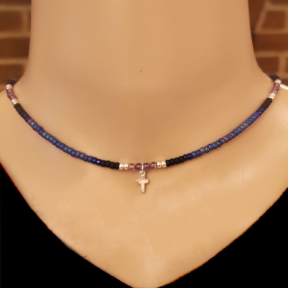  Necklace Choker Sterling Silver .925 Cross & Amethyst Gemstones, Blue, Miyuki seed beaded