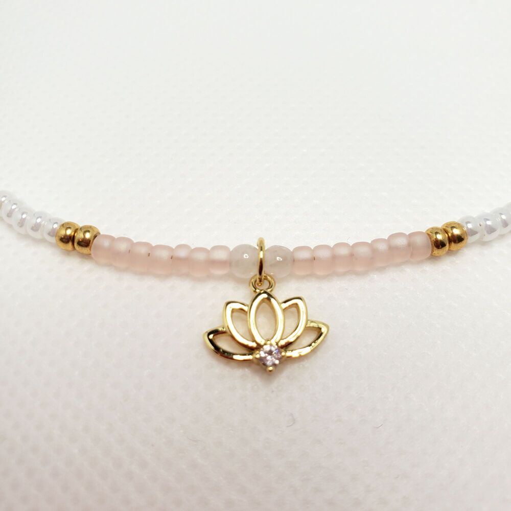  Necklace Choker Gold Filled Lotus Flower, Pink Rose Quartz Gemstones & Miyuki seed beads