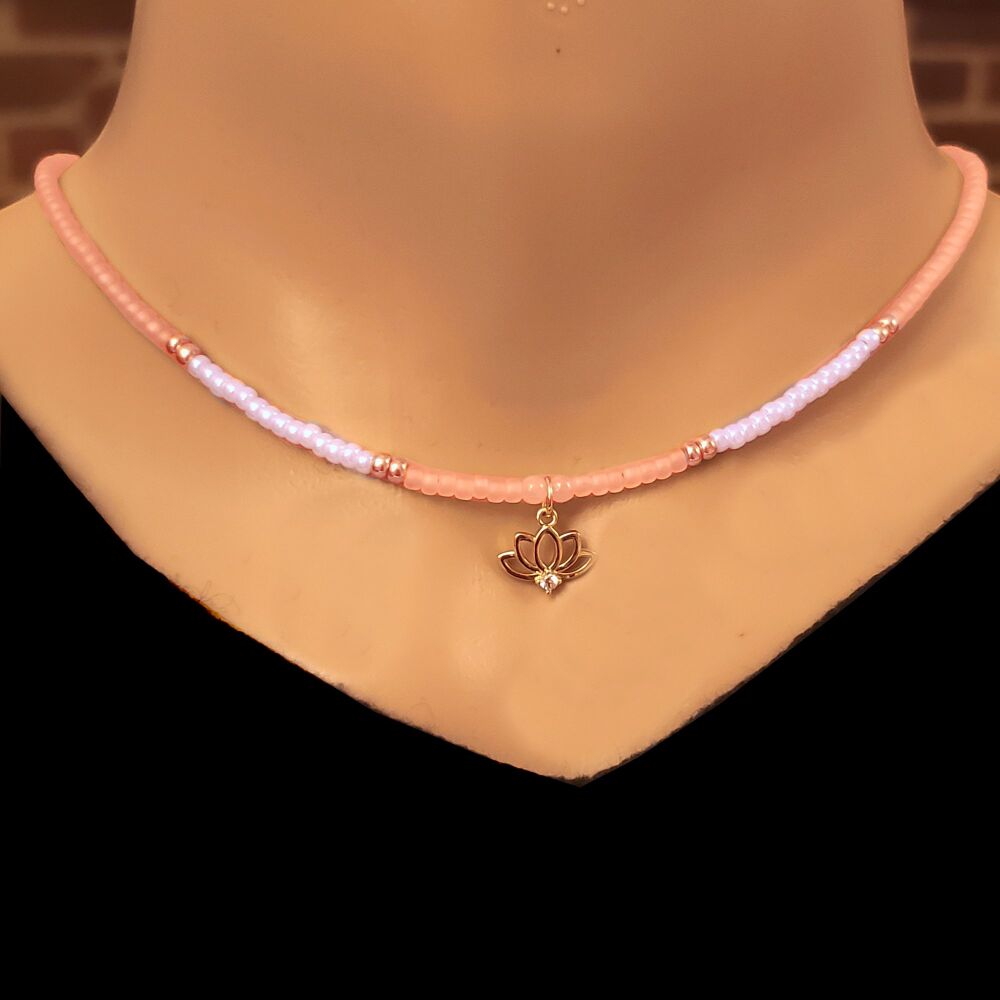 <!-- B10 --> Necklace Choker Gold Filled Lotus Flower, Rose Quartz Gemstone