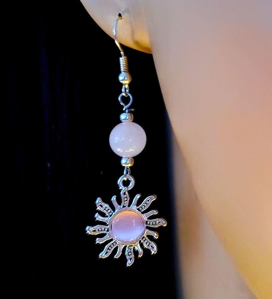 <!-- D30 -->Sunshine Rose Quartz Sterling Silver Hook Earrings Pink Dangly 