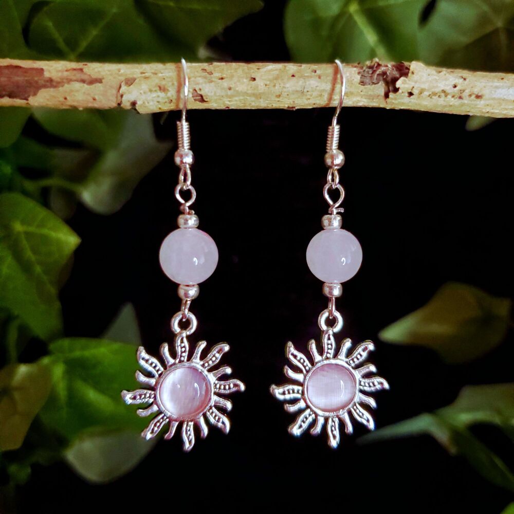 Sunshine Rose Quartz Sterling Silver Hook Earrings Pink Dangly Drop Handmade Pair, Sun