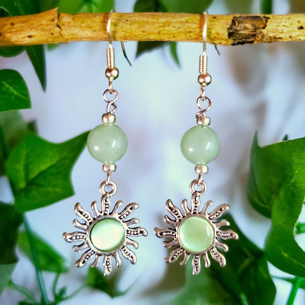 Sunshine Green Aventurine Sterling Silver Hook Earrings Dangly Drop Handmade Pair, Sun