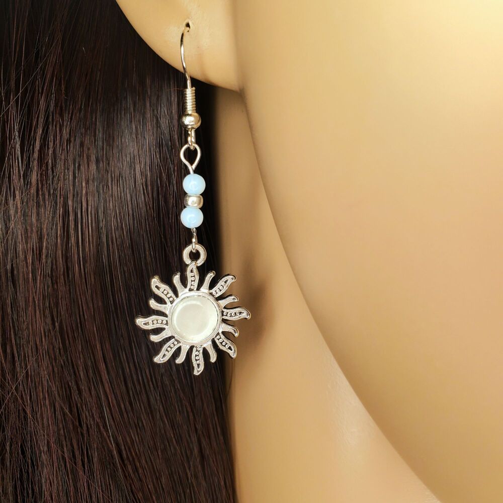 <!-- D65 -->Opalite White Sterling Silver Hook Earrings Dangly Drop Handmad