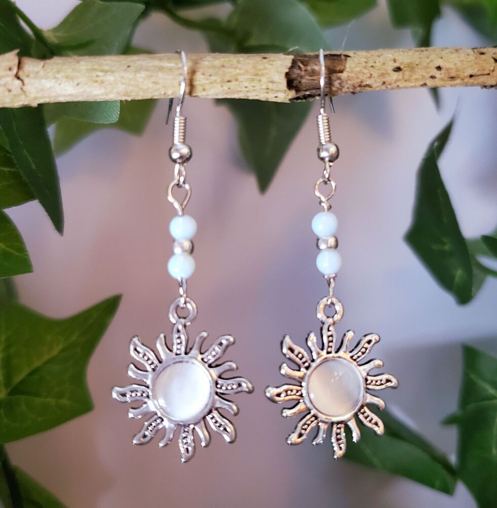 Opalite White Sterling Silver Hook Earrings Dangly Drop Handmade Pair, Sun