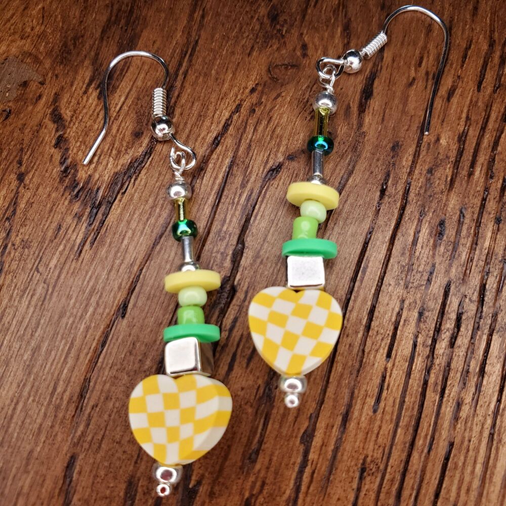 Sterling Silver Hook Earrings, Yellow Hearts, Handmade Festival Statement Jewellery, Pair