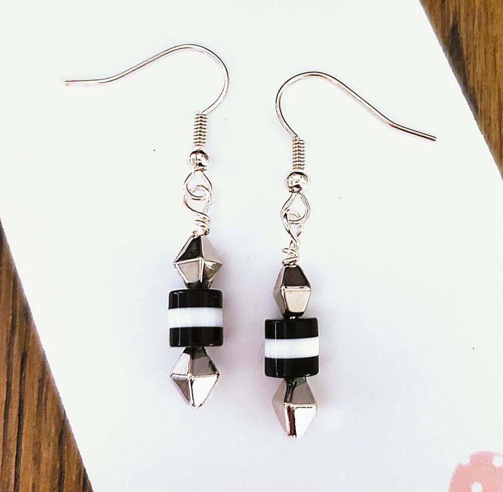 Sterling Silver Hook Earrings, Black & White Monochrome Handmade Jewellery, Dangly, Drop, Statement