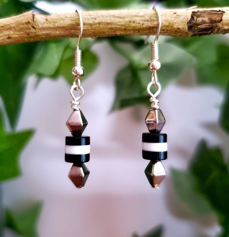 Sterling Silver Hook Earrings, Black & White Monochrome Handmade Jewellery, Dangly, Drop, Statement